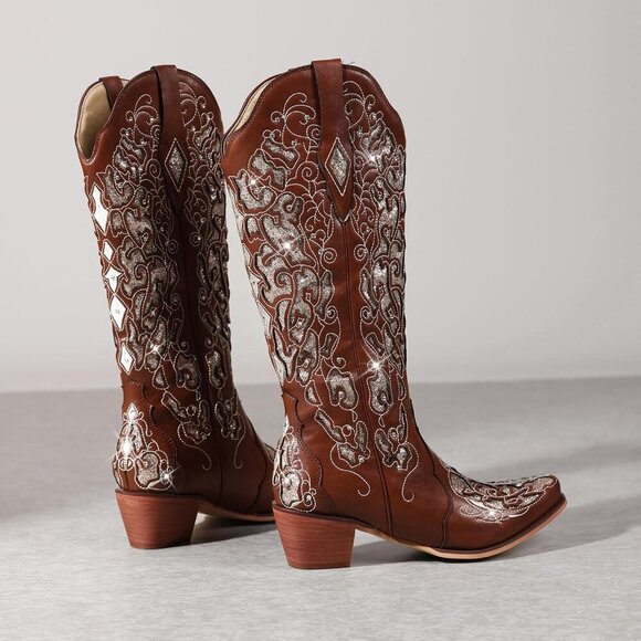 Brown Women Sparkly Rhinestone Wedding Boots Trendy Vintage Tall Glitter Boot - Picture 4 of 5